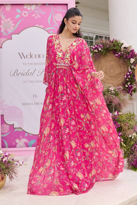 Buy Seema Thukral Pink Chiffon Mirrors, Embroidery V-neck Ridhi Printed Kaftan Online at Aza Fashions Buy_Seema Thukral_Pink Chiffon Mirrors, Embroidery V-neck Ridhi Printed Kaftan _Online_at_Aza_Fashions