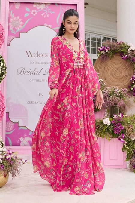 Seema Thukral Pink Chiffon Mirrors, Embroidery V-neck Ridhi Printed Kaftan at Aza Fashions Seema Thukral_Pink Chiffon Mirrors, Embroidery V-neck Ridhi Printed Kaftan _at_Aza_Fashions