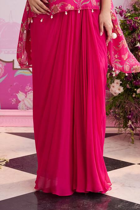 Seema Thukral Pink Georgette, Satin Pearls, Raha Printed Embellished Top With Draped Skirt Online at Aza Fashions Seema Thukral_Pink Georgette, Satin Pearls, Raha Printed Embellished Top With Draped Skirt _Online_at_Aza_Fashions