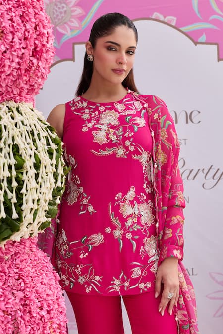 Shop_Seema Thukral_Pink Georgette, Organza Embroidery, Foil Printing Sanam Embellished Kurta Set _Online_at_Aza_Fashions