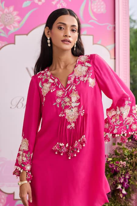 Shop Seema Thukral Pink Silk, Satin, Organza Embroidery, Tassels, Beads Ruhi Embellished Kurta Set Online at Aza Fashions Shop_Seema Thukral_Pink Silk, Satin, Organza Embroidery, Tassels, Beads Ruhi Embellished Kurta Set _Online_at_Aza_Fashions