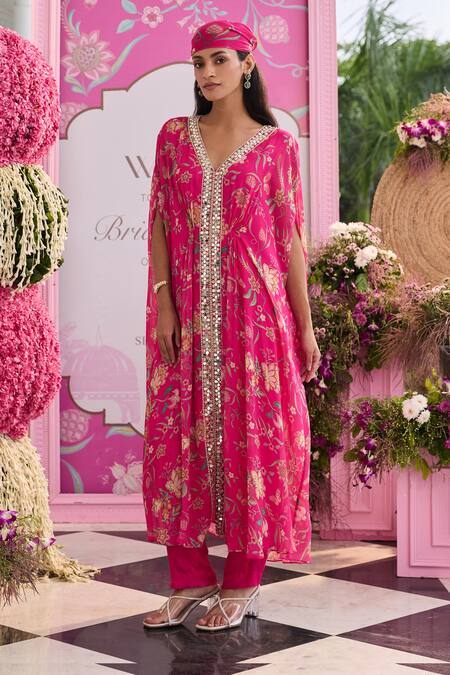 Buy_Seema Thukral_Pink Georgette, Satin Mirrors, Myra Printed Embellished Kaftan And Pant Set _Online_at_Aza_Fashions