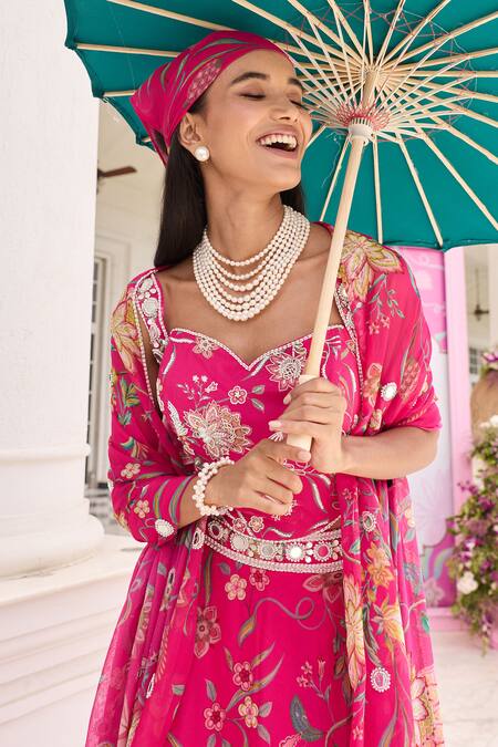 Shop_Seema Thukral_Fuchsia Georgette, Organza Naina Printed Embellished Corset Skirt Set _Online_at_Aza_Fashions
