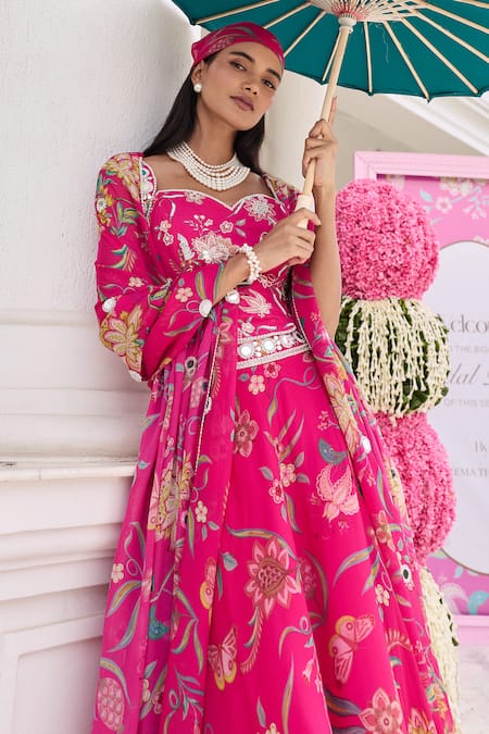 Seema Thukral_Fuchsia Georgette, Organza Naina Printed Embellished Corset Skirt Set _at_Aza_Fashions