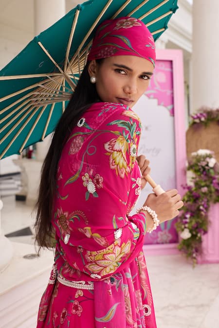 Buy_Seema Thukral_Fuchsia Georgette, Organza Naina Printed Embellished Corset Skirt Set 