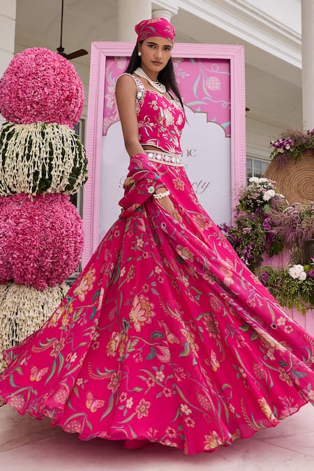 Shop_Seema Thukral_Fuchsia Georgette, Organza Naina Printed Embellished Corset Skirt Set 