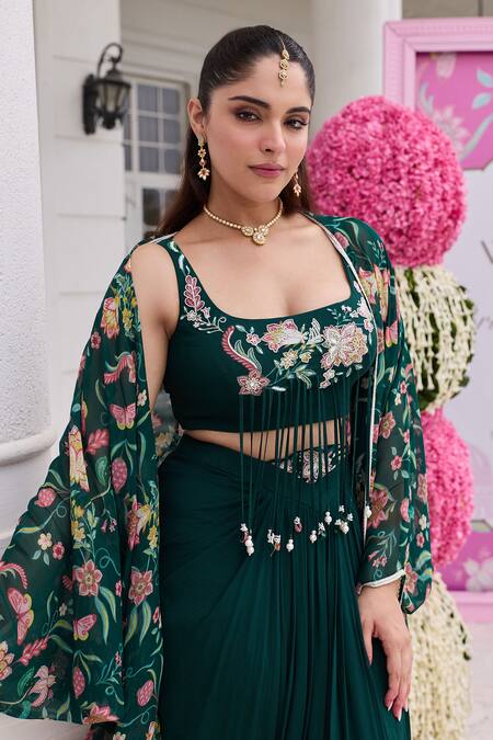 Buy_Seema Thukral_Emerald Green Georgette Embroidery, Sequins, Vera Embellished Cape Skirt Set _Online_at_Aza_Fashions