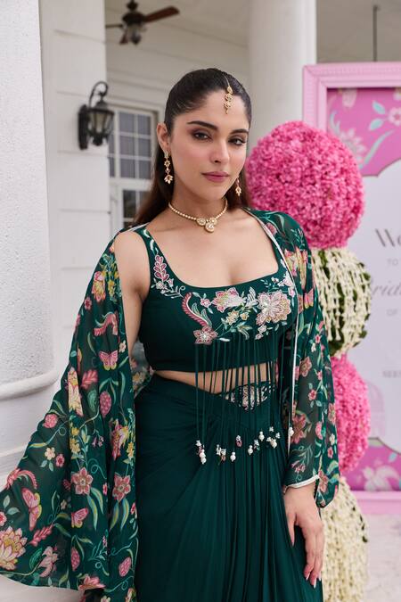Shop_Seema Thukral_Emerald Green Georgette Embroidery, Sequins, Vera Embellished Cape Skirt Set _Online_at_Aza_Fashions