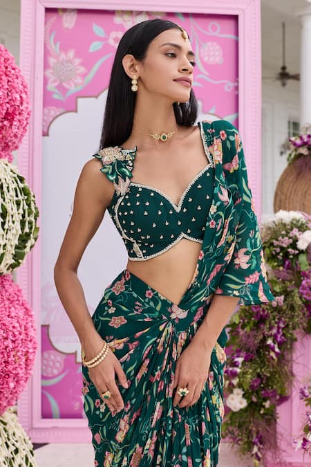 Seema Thukral_Emerald Green Georgette Beads Ashvi Printed Pre-draped Skirt Saree With Blouse _Online_at_Aza_Fashions