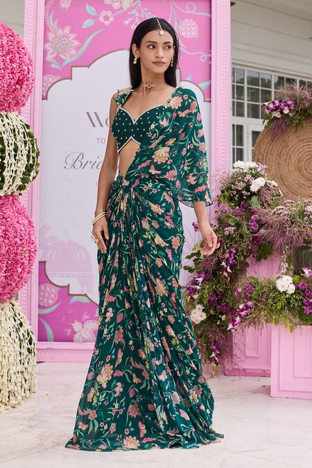 Seema Thukral_Emerald Green Georgette Beads Ashvi Printed Pre-draped Skirt Saree With Blouse _at_Aza_Fashions
