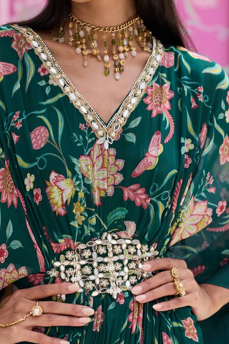 Seema Thukral_Emerald Green Georgette Stones, Foil Astha Printed Embellished Draped Kaftan _Online_at_Aza_Fashions