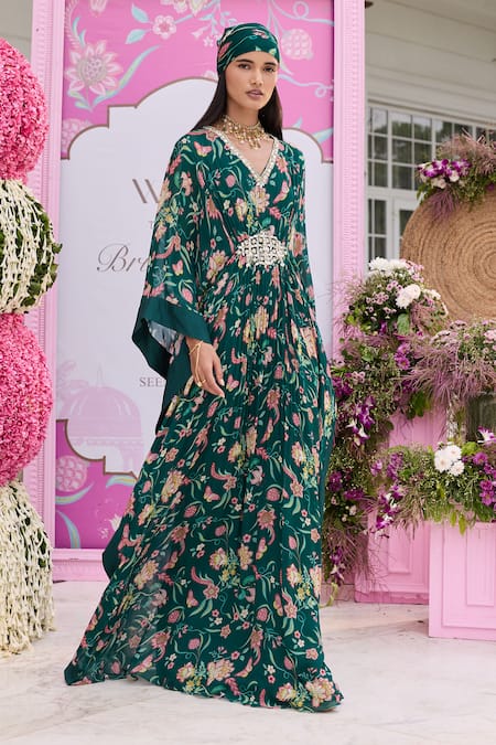 Shop_Seema Thukral_Emerald Green Georgette Stones, Foil Astha Printed Embellished Draped Kaftan _Online_at_Aza_Fashions
