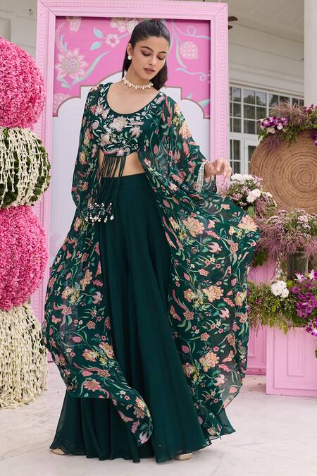 Buy Seema Thukral Emerald Green Organza, Georgette Suvra Printed Embellished Blouse With Sharara Online at Aza Fashions Buy_Seema Thukral_Emerald Green Organza, Georgette Suvra Printed Embellished Blouse With Sharara _Online_at_Aza_Fashions