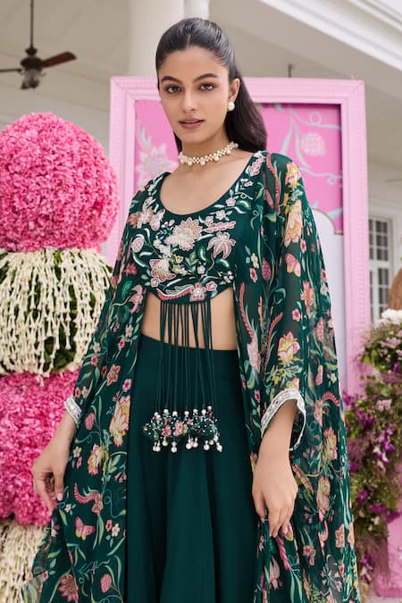 Shop Seema Thukral Emerald Green Organza, Georgette Suvra Printed Embellished Blouse With Sharara Online at Aza Fashions Shop_Seema Thukral_Emerald Green Organza, Georgette Suvra Printed Embellished Blouse With Sharara _Online_at_Aza_Fashions