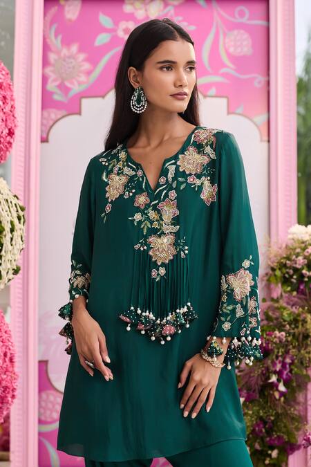 Shop_Seema Thukral_Emerald Green Silk, Satin, Organza Tassels, Beads, Syna Embellished Kurta Set _Online_at_Aza_Fashions