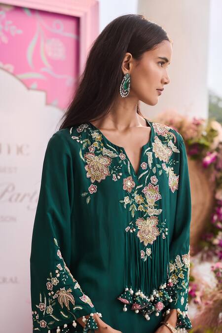 Seema Thukral_Emerald Green Silk, Satin, Organza Tassels, Beads, Syna Embellished Kurta Set _at_Aza_Fashions