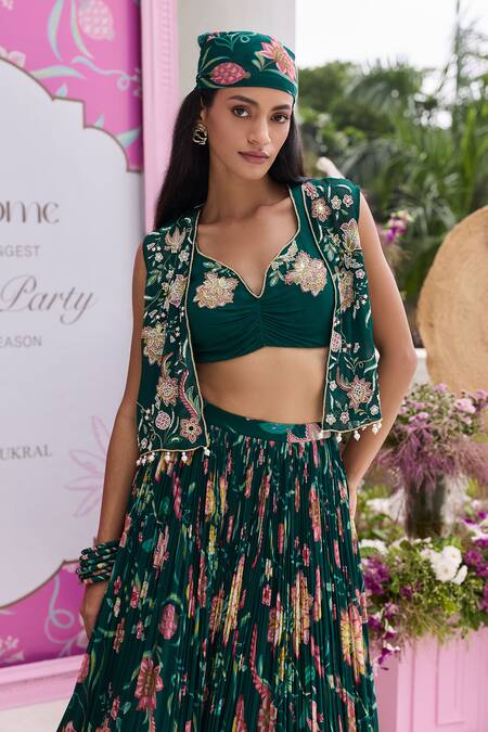 Seema Thukral_Emerald Green Georgette, Satin Embroidery, Sabha Embellished Jacket Lehenga Set _Online_at_Aza_Fashions