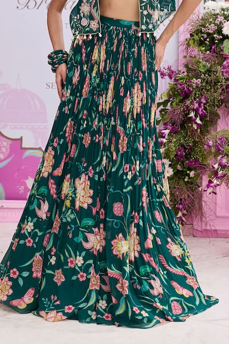 Buy_Seema Thukral_Emerald Green Georgette, Satin Embroidery, Sabha Embellished Jacket Lehenga Set _Online_at_Aza_Fashions