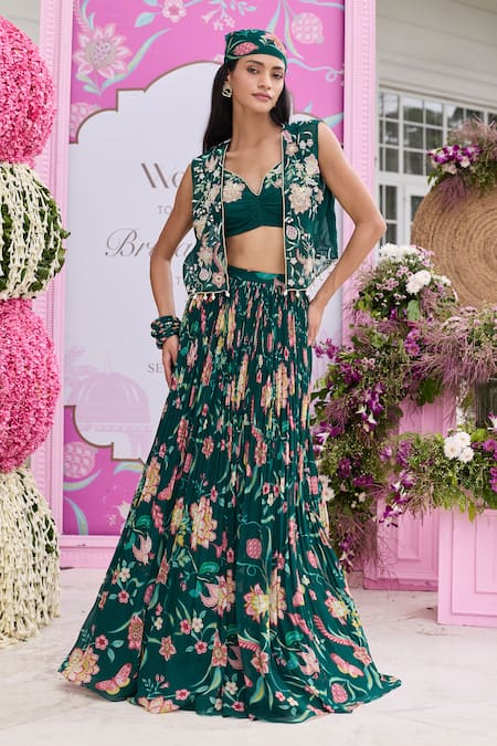 Shop_Seema Thukral_Emerald Green Georgette, Satin Embroidery, Sabha Embellished Jacket Lehenga Set _Online_at_Aza_Fashions