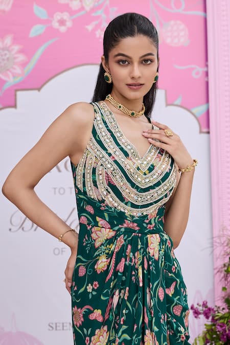 Seema Thukral_Emerald Green Georgette, Satin Mirrors, Devvaki Printed Embellished Draped Dress _Online_at_Aza_Fashions
