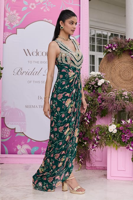 Buy_Seema Thukral_Emerald Green Georgette, Satin Mirrors, Devvaki Printed Embellished Draped Dress _Online_at_Aza_Fashions