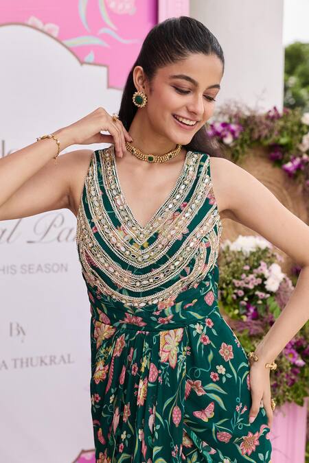 Shop_Seema Thukral_Emerald Green Georgette, Satin Mirrors, Devvaki Printed Embellished Draped Dress _Online_at_Aza_Fashions