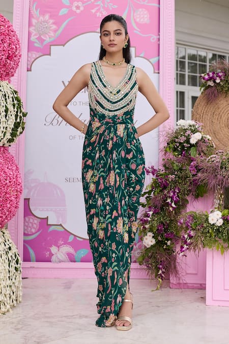 Seema Thukral Devvaki Printed Embellished Draped Dress 