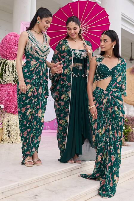 Seema Thukral_Emerald Green Georgette, Satin Mirrors, Devvaki Printed Embellished Draped Dress _at_Aza_Fashions