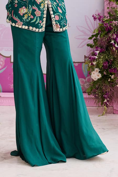 Seema Thukral_Emerald Green Georgette, Sheena Printed Embellished Jacket And Flared Pant Set _Online_at_Aza_Fashions
