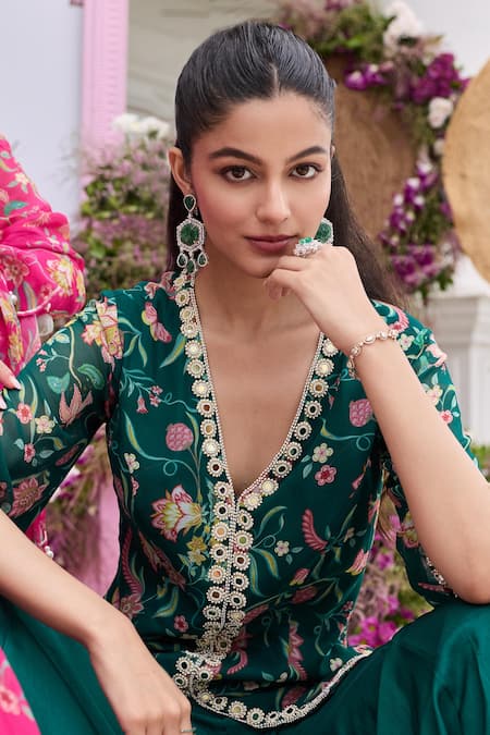 Buy_Seema Thukral_Emerald Green Georgette, Sheena Printed Embellished Jacket And Flared Pant Set _Online_at_Aza_Fashions