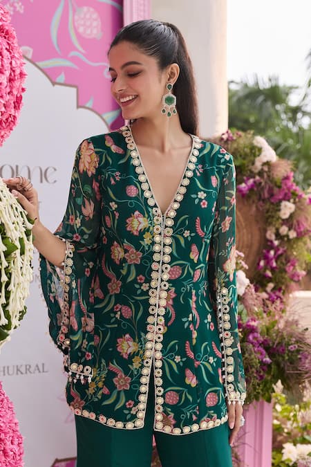 Shop_Seema Thukral_Emerald Green Georgette, Sheena Printed Embellished Jacket And Flared Pant Set _Online_at_Aza_Fashions