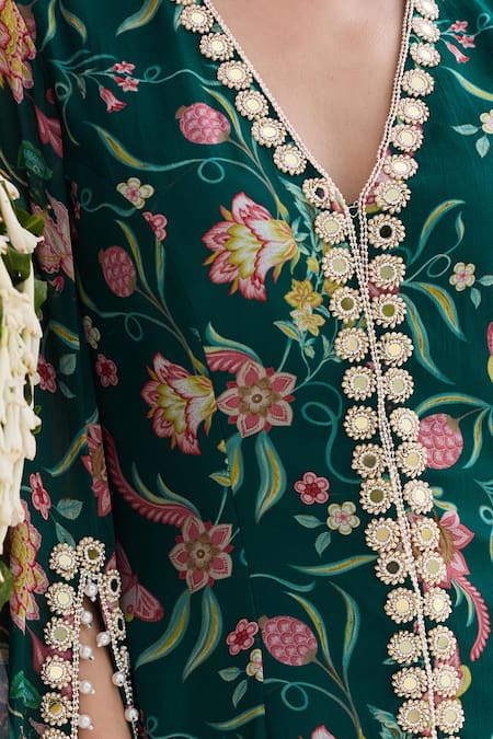 Seema Thukral_Emerald Green Georgette, Sheena Printed Embellished Jacket And Flared Pant Set _at_Aza_Fashions
