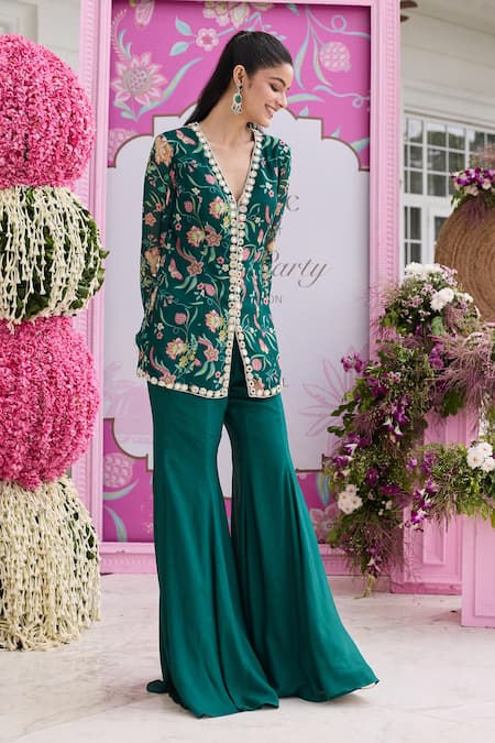 Buy_Seema Thukral_Emerald Green Georgette, Sheena Printed Embellished Jacket And Flared Pant Set 