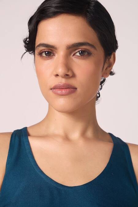 Buy_The Summer House_Blue Silk, Twill Scoop Neck Lyra Racer Back Tank Top 