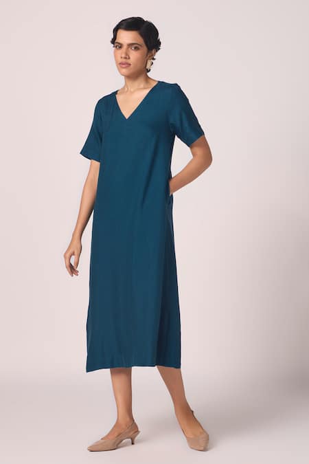 The Summer House_Blue Silk, Twill V-neck Vega Solid Midi Dress _at_Aza_Fashions