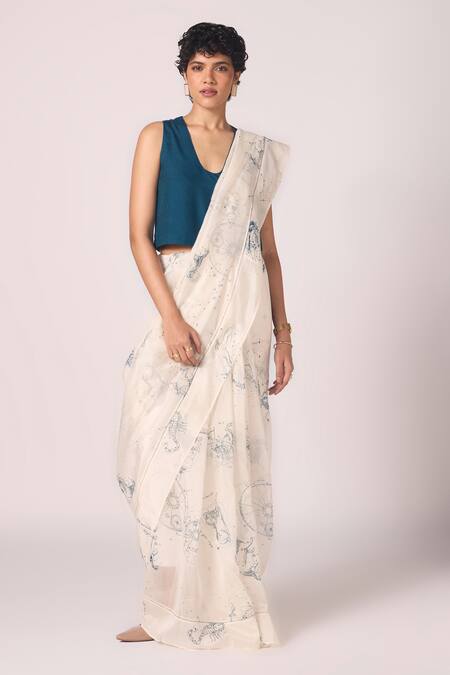 The Summer House_Blue Silk, Twill Scoop Neck Altair Solid Crop Blouse _Online_at_Aza_Fashions