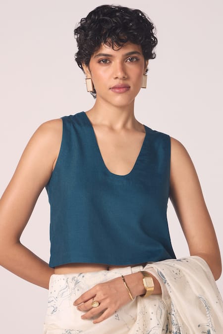 Buy_The Summer House_Blue Silk, Twill Scoop Neck Altair Solid Crop Blouse _Online_at_Aza_Fashions