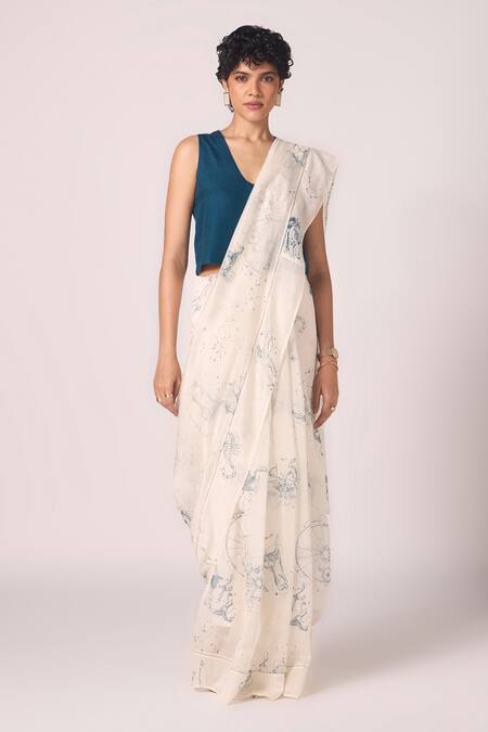 Shop_The Summer House_Blue Silk, Twill Scoop Neck Altair Solid Crop Blouse _Online_at_Aza_Fashions