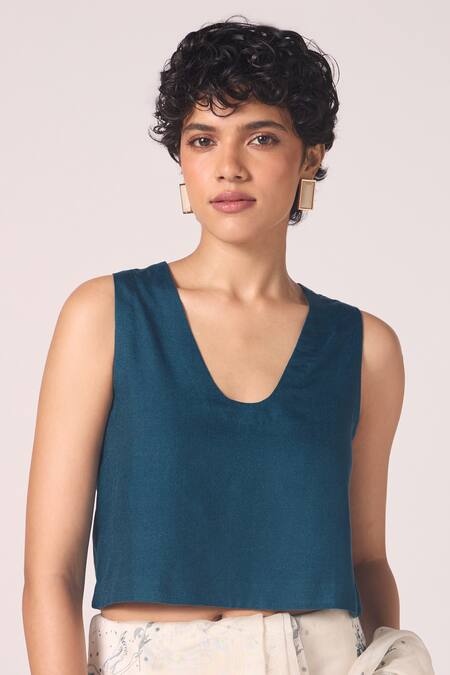 The Summer House_Blue Silk, Twill Scoop Neck Altair Solid Crop Blouse _at_Aza_Fashions