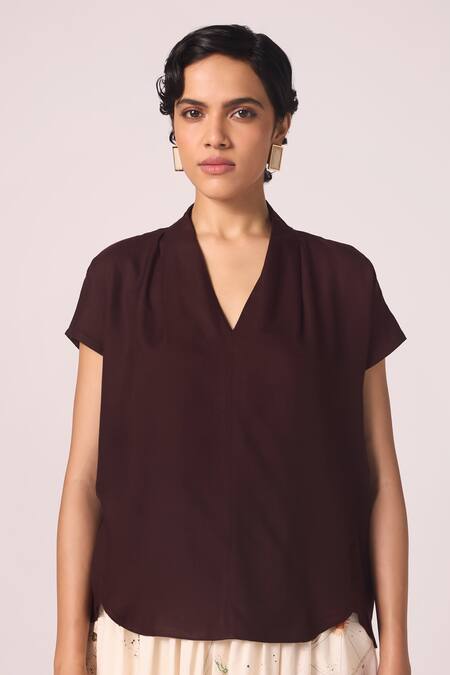 The Summer House_Wine Silk, Twill V-neck Orion Solid Top _Online_at_Aza_Fashions