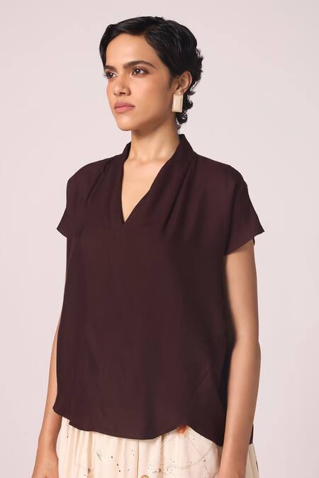 Buy_The Summer House_Wine Silk, Twill V-neck Orion Solid Top _Online_at_Aza_Fashions