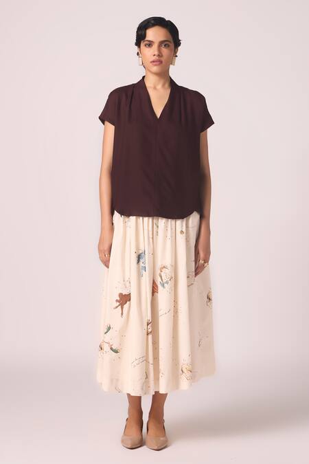 The Summer House_Wine Silk, Twill V-neck Orion Solid Top _at_Aza_Fashions