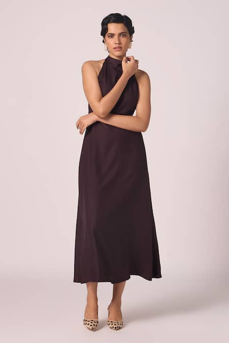 The Summer House Saros Wine Solid Halter Dress 