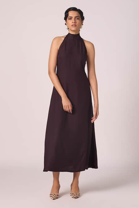 Buy_The Summer House_Wine Silk, Twill Halter Neck Saros Solid Dress _Online_at_Aza_Fashions