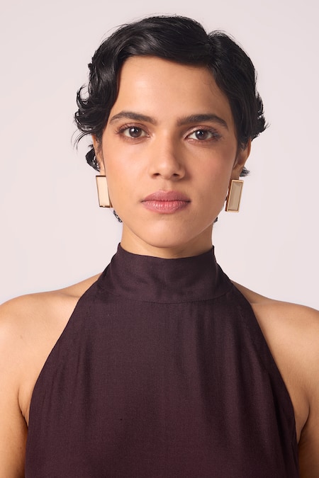 The Summer House_Wine Silk, Twill Halter Neck Saros Solid Dress _at_Aza_Fashions