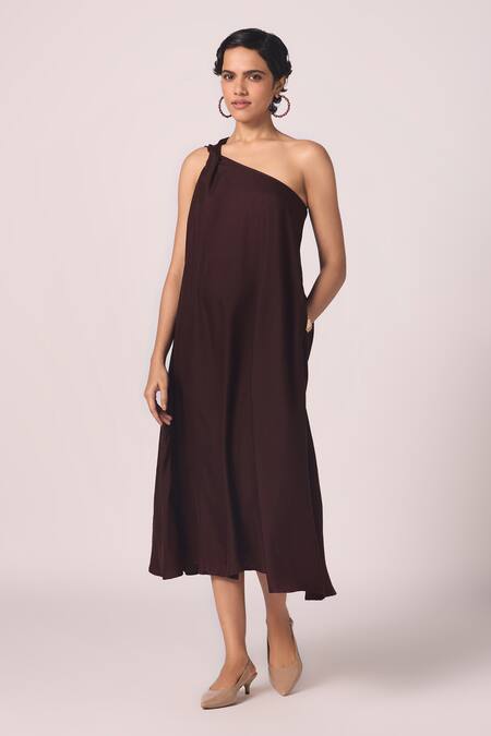 The Summer House_Wine Silk One Shoulder Izar A Dress _Online_at_Aza_Fashions
