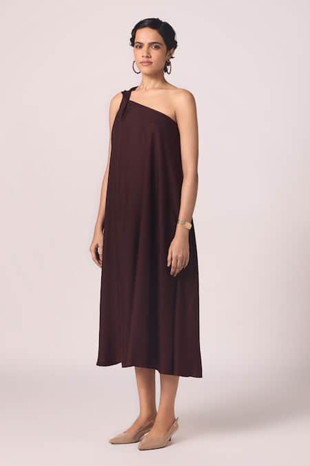 Buy_The Summer House_Wine Silk One Shoulder Izar A Dress _Online_at_Aza_Fashions