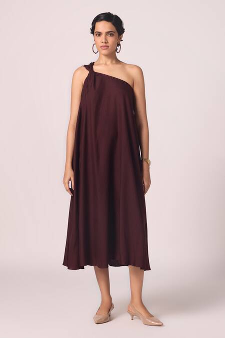 Shop_The Summer House_Wine Silk One Shoulder Izar A Dress _Online_at_Aza_Fashions