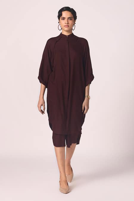 The Summer House_Wine Silk Mandarin Collar Braboune Shirt Tunic _Online_at_Aza_Fashions