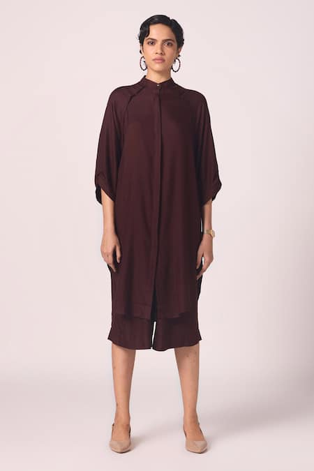 Buy_The Summer House_Wine Silk Mandarin Collar Braboune Shirt Tunic _Online_at_Aza_Fashions